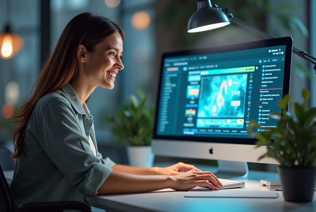 A smiling woman sitting at a desk, working on a computer with a futuristic digital interface.