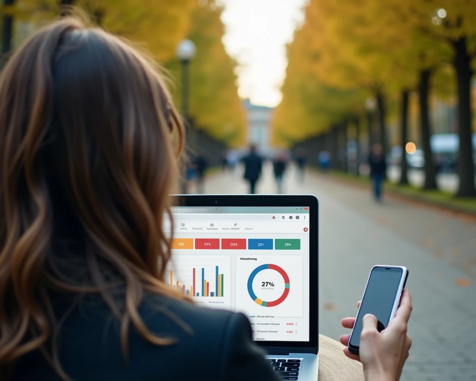 A woman using a laptop with business analytics displayed on the screen, sitting outdoors in an urban park.