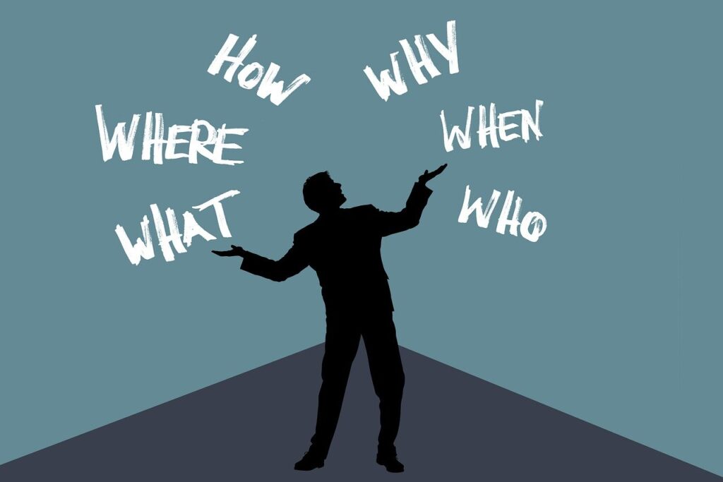 A silhouette of a man with words like "How," "Why," "What," "When," "Where," and "Who" floating around him.