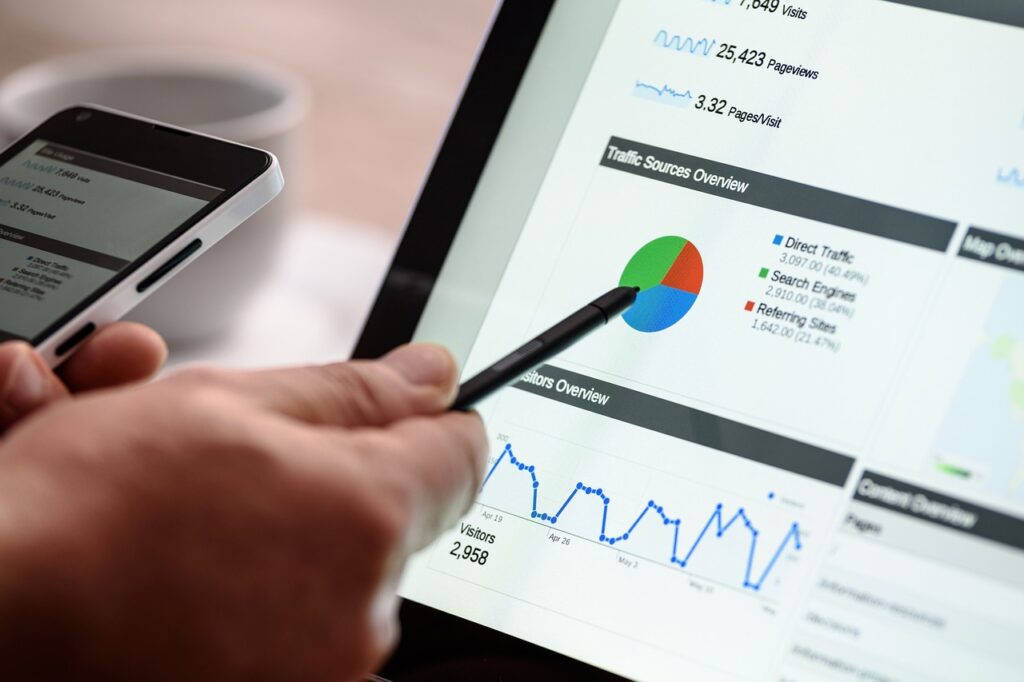 A person analyzing a digital marketing report on a tablet, pointing at a pie chart with a stylus.