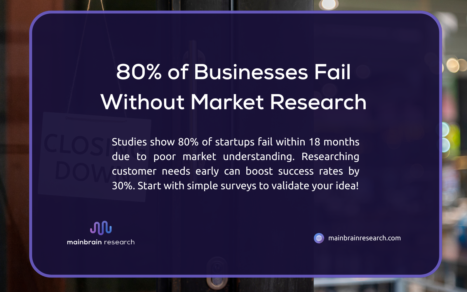80% of Businesses Fail Without Market Research: Studies show startups fail within 18 months due to poor market understanding, but researching customer needs can boost success by 30% with simple surveys.