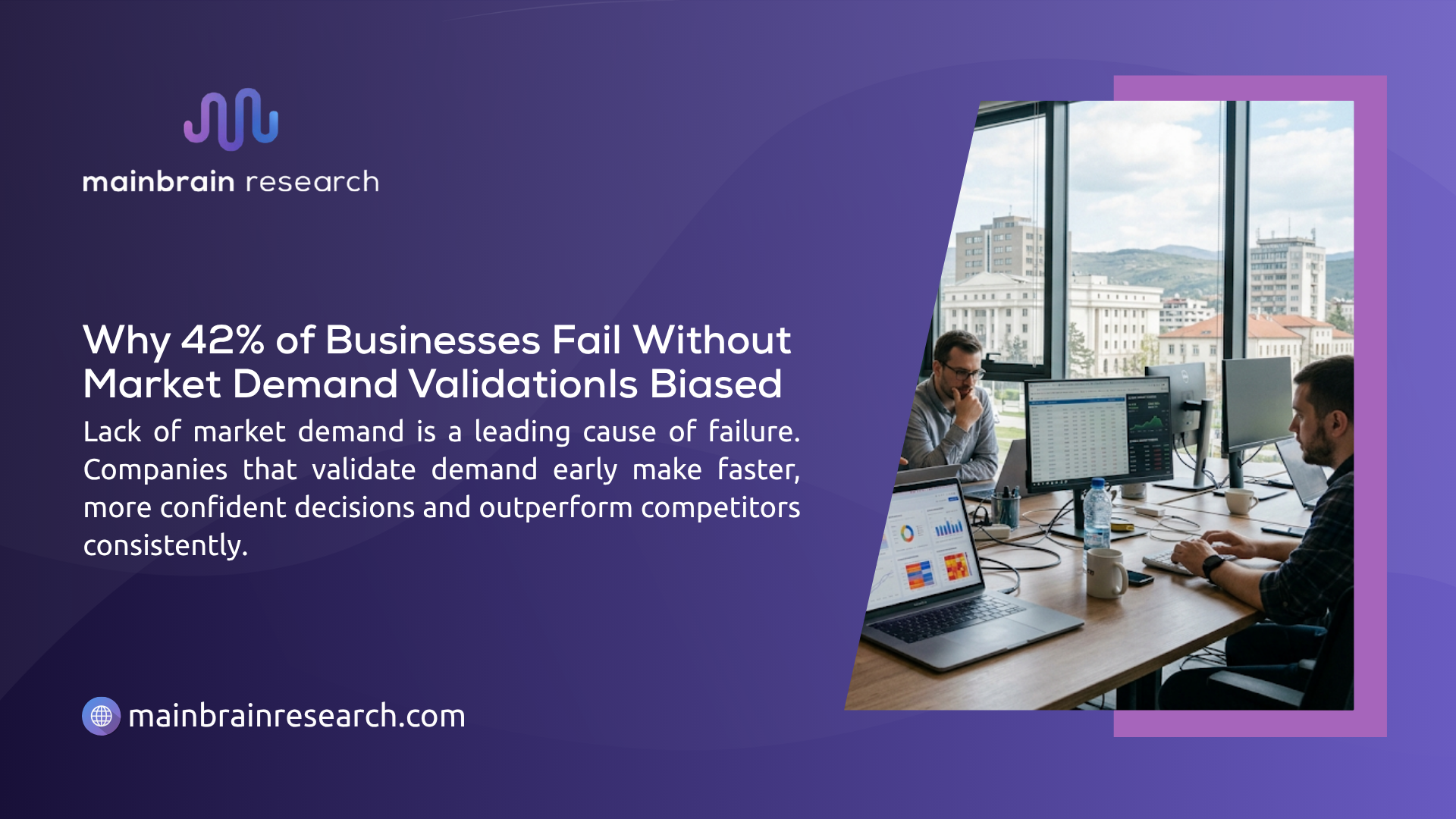 Two analysts reviewing market demand data dashboards at dual monitor workstations — why 42% of businesses fail without market demand validation research.