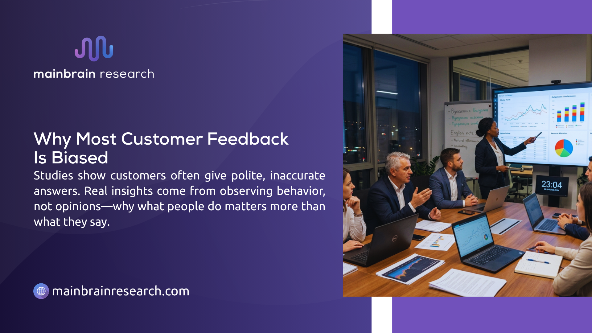 Research team analyzing behavioral data dashboards in boardroom — why most customer feedback is biased and why observed behavior matters more than opinions.
