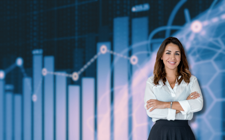A confident businesswoman with arms crossed stands against a background of blue bar charts and data graphs, symbolizing market research and business analytics. The image highlights the importance of market research for informed decision-making and business growth.
