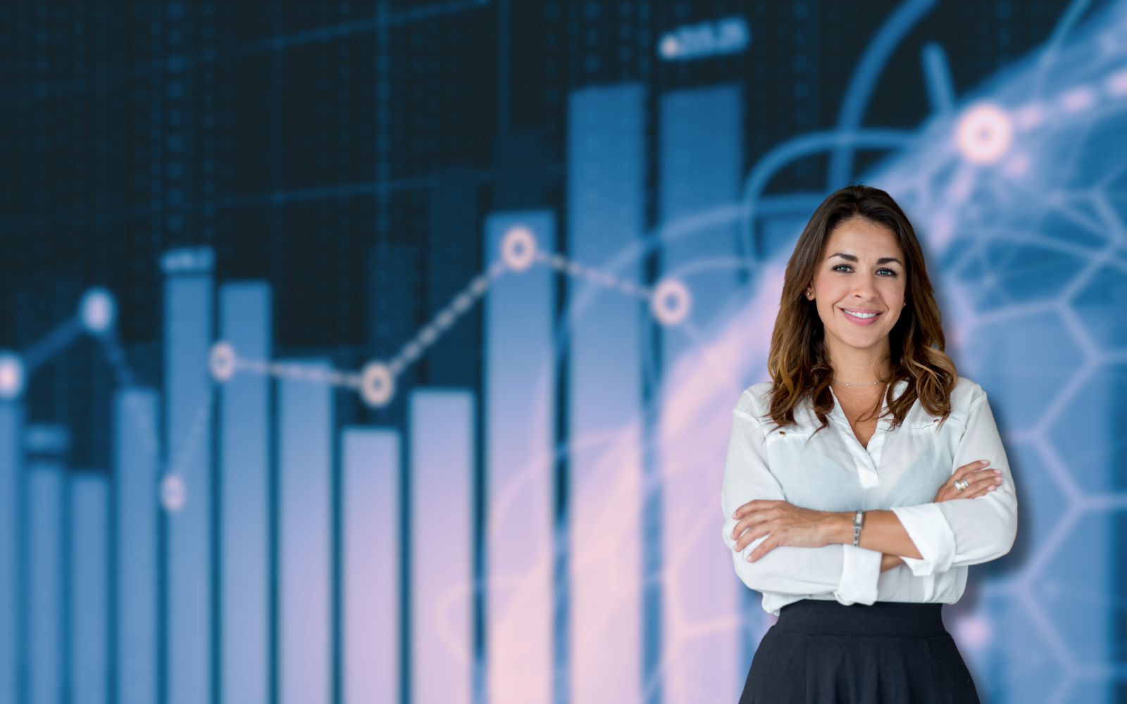 A confident businesswoman with arms crossed stands against a background of blue bar charts and data graphs, symbolizing market research and business analytics. The image highlights the importance of market research for informed decision-making and business growth.