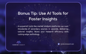 A promotional image with the keyword "AI tools" featuring a dark blue background with circuit patterns, text "Bonus Tip: Use AI Tools for Faster Insights," and details about market analysis efficiency, branded by mainbrainresearch.com.
