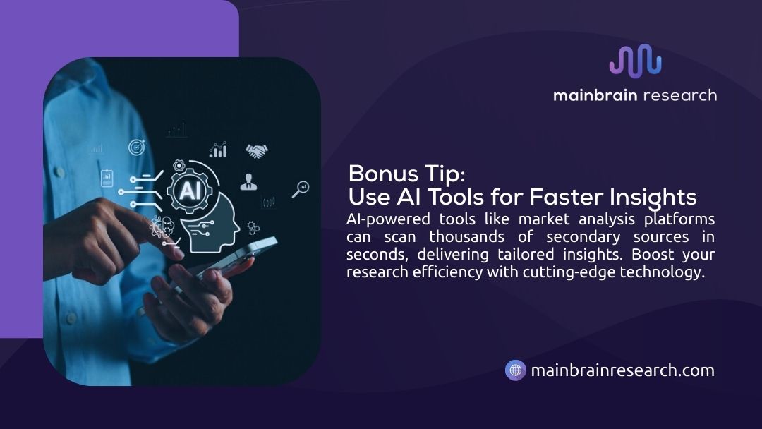 Person using AI-powered smartphone displaying artificial intelligence icons and neural network symbols, illustrating AI tools for faster market research insights
