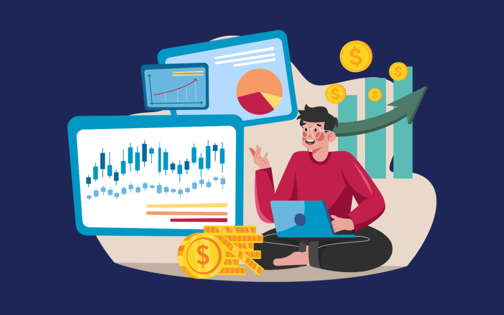 Animated man with laptop surrounded by charts, graphs, and coins, illustrating financial growth and investment insights with stock market trends and upward arrows.