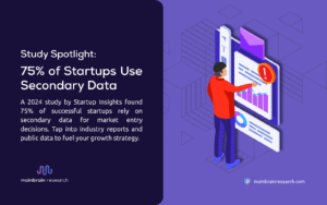 Image illustrating a person interacting with a digital chart, highlighting a 2024 study by Startup Insights showing 75% of startups use secondary data for market entry decisions.