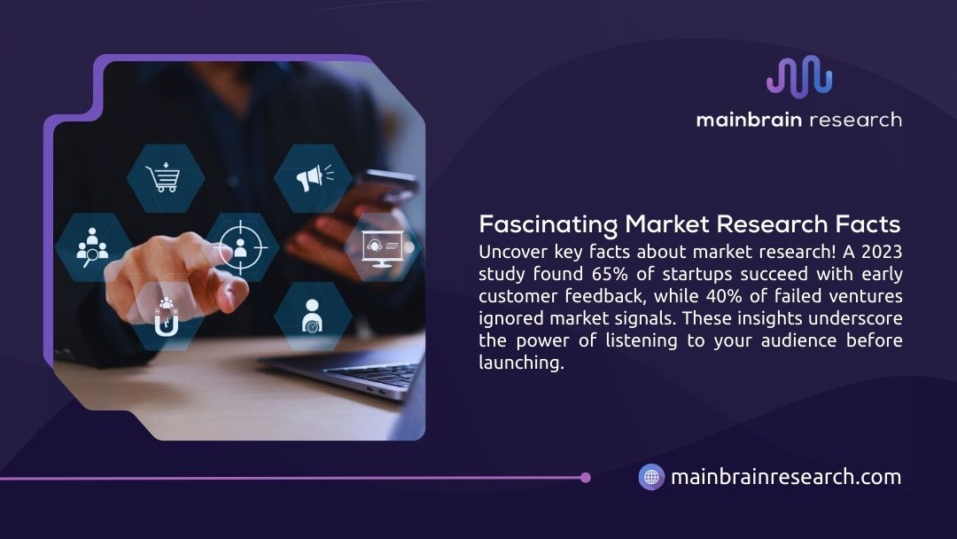 Professional analyzing digital market research icons and facts showing importance of customer feedback for startup success