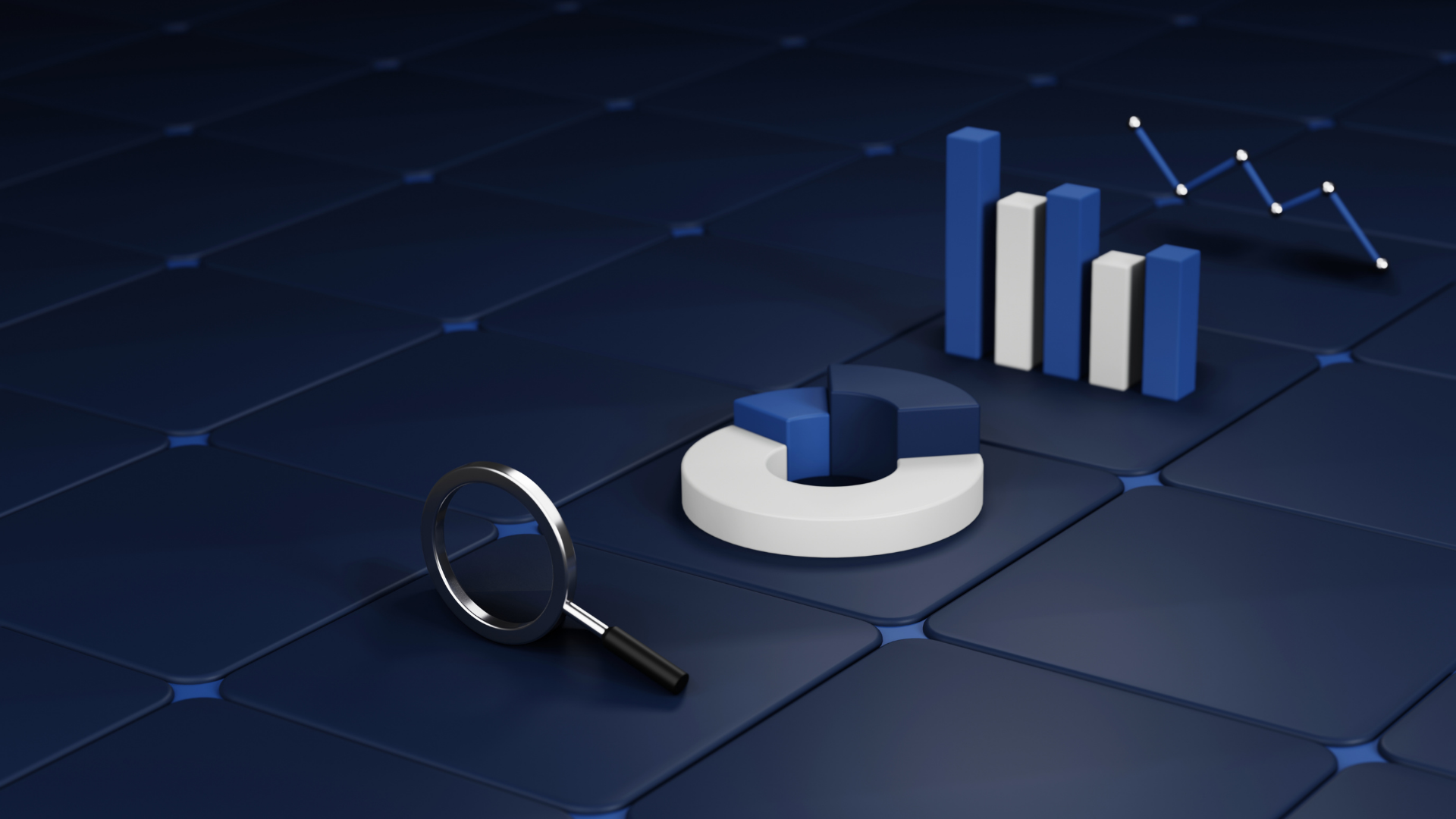 A magnifying glass over a pie chart, bar graph, and line chart on a dark grid background.