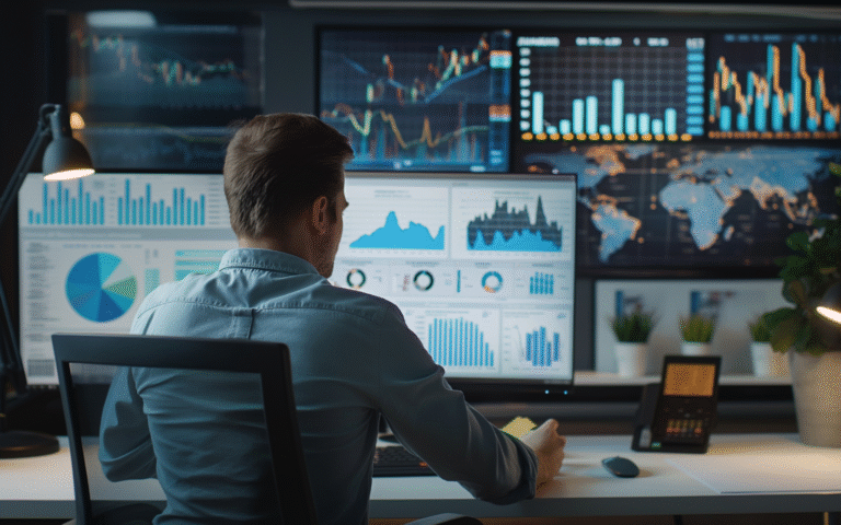 A person analyzing data on multiple screens displaying charts and a world map in a modern office setting.