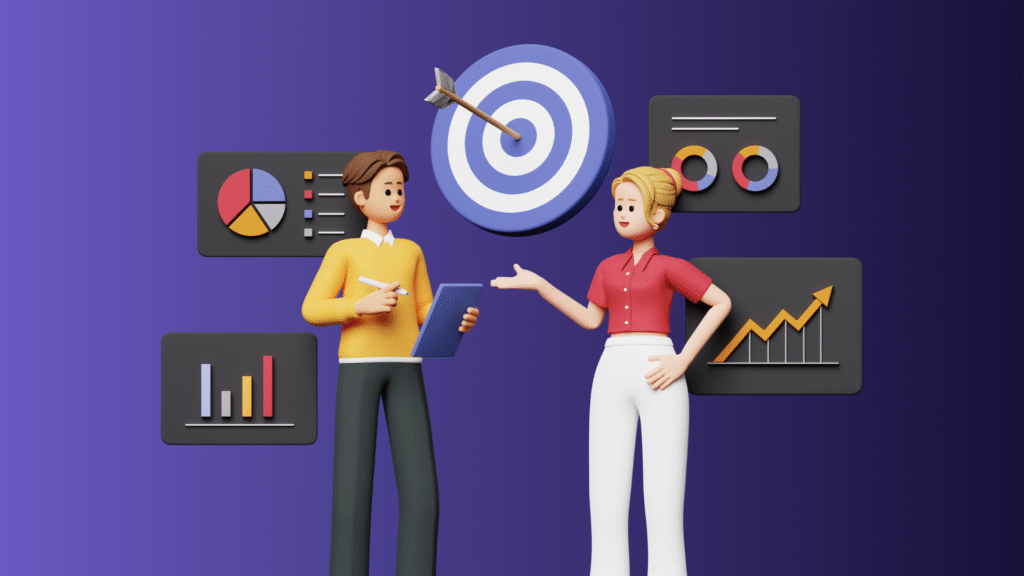 Image for "targeted marketing" showing two characters with a target, charts, and graphs, emphasizing strategic planning and data analysis for effective marketing.