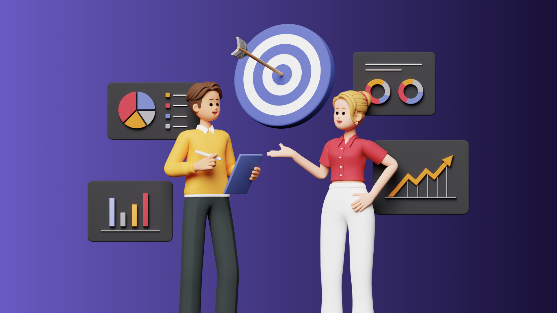 Image for "targeted marketing" showing two characters with a target, charts, and graphs, emphasizing strategic planning and data analysis for effective marketing.