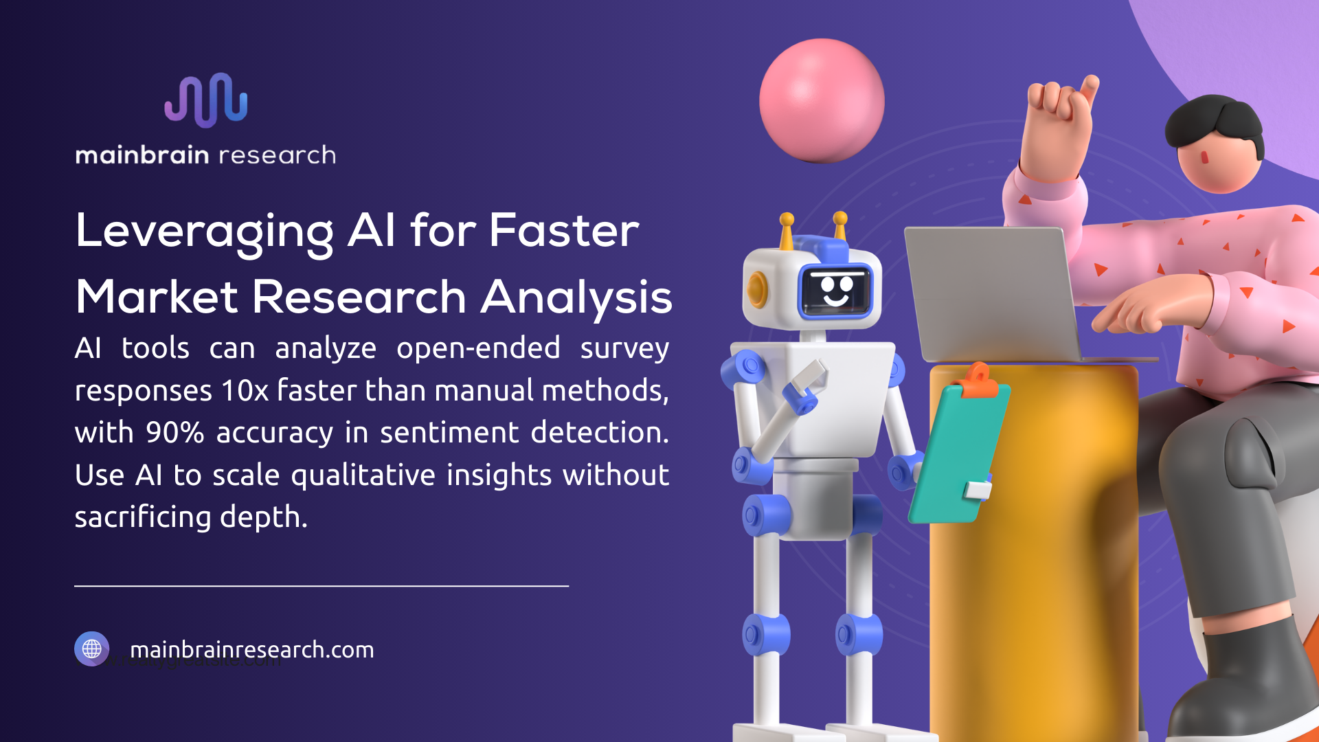 A person and a robot using AI to analyze open-ended survey responses 10x faster with 90% sentiment detection accuracy, enhancing market research insights.