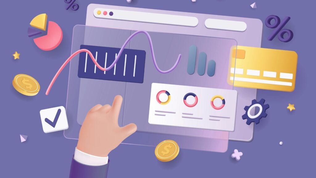 A hand interacting with a digital dashboard displaying graphs, charts, and financial icons, representing data analysis and economic insights.