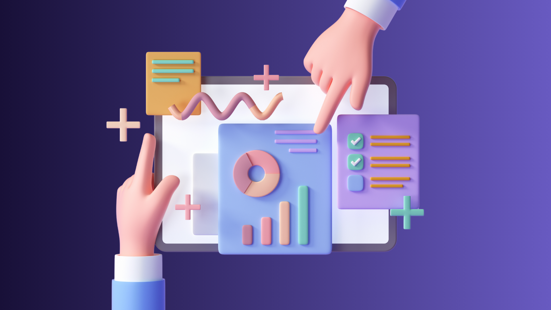 Illustration of data analytics with hands pointing at a tablet displaying charts, graphs, and checklists, featuring colorful plus signs and wavy lines