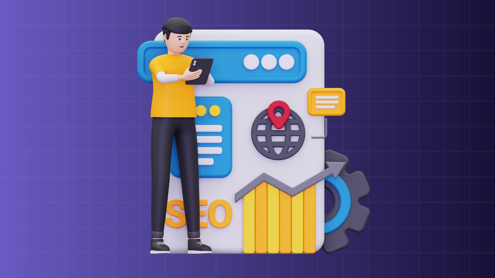 An animated figure holding a tablet, standing by a digital interface with SEO, a globe, and bar graph, emphasizing search engine optimization benefits.