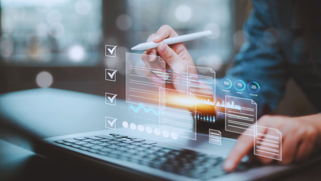 Person using digital survey tools with data visualization overlays, checkboxes, and analytics graphs on laptop for market research