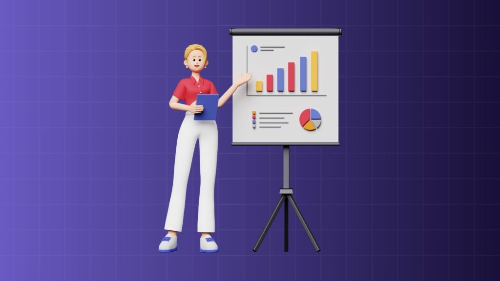 Image of an animated woman presenting a chart with bar and pie graphs on a flip board, illustrating data analysis in a purple grid background.