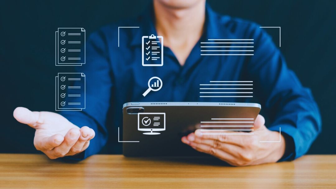 Professional conducting market research with digital survey tools, checklists, and data analytics overlays for effective research questions