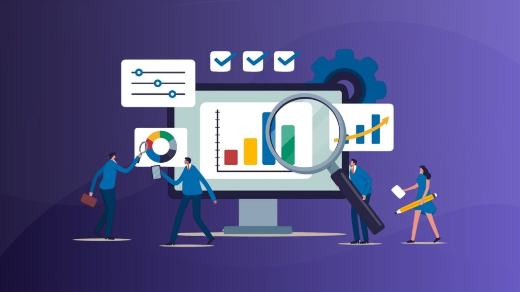 Illustrated people analyzing data on a screen with charts and a magnifying glass, surrounded by graphs, sliders, and checkmarks, emphasizing data analysis and insights.