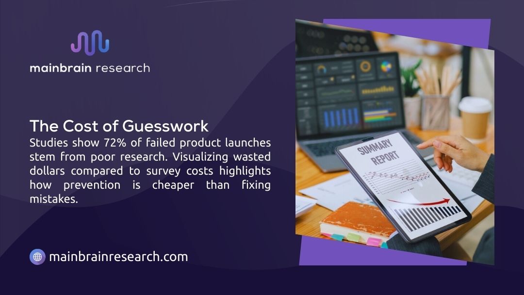 Mainbrain Research infographic: 72% of failed product launches stem from poor research, prevention through surveys is cheaper than fixing mistakes