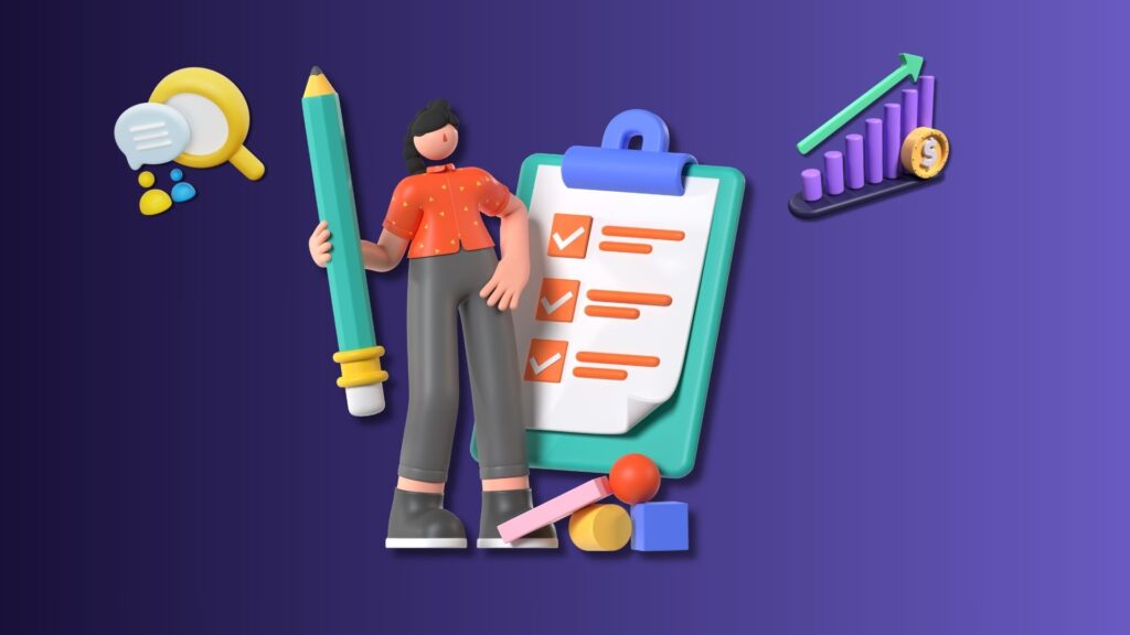 Image promoting market research with a figure holding a checklist and pencil, surrounded by a magnifying glass, chat bubble, and rising graph with coins, symbolizing growth and analysis.