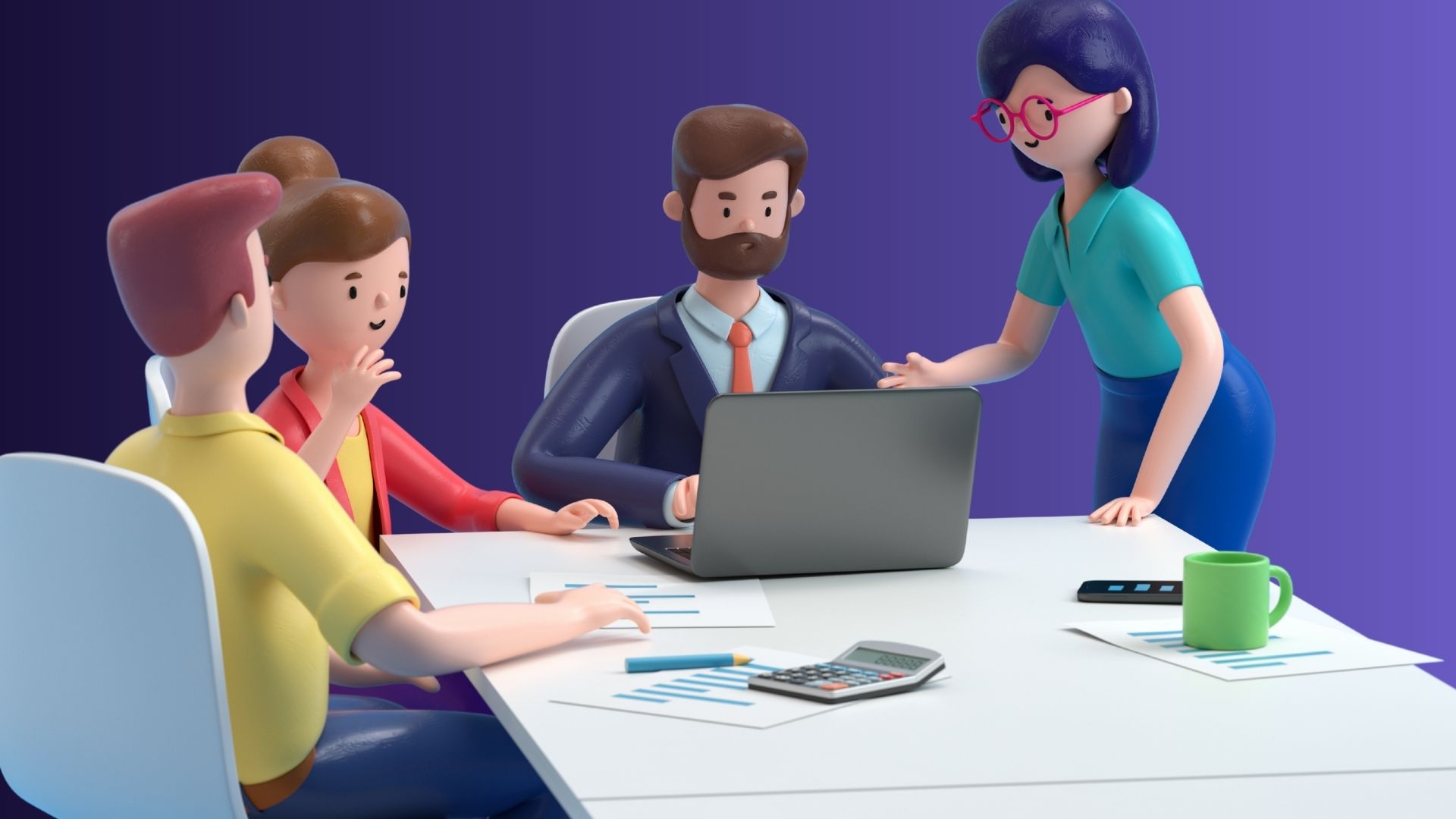 3D illustration of people in a meeting with a laptop, calculator, and charts on the table, discussing work.