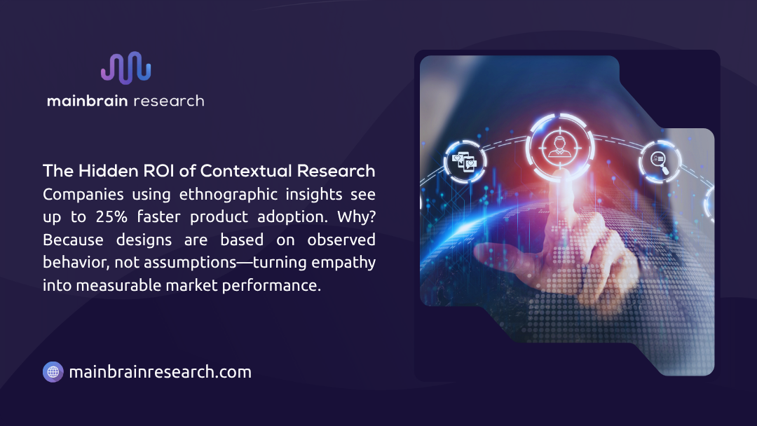 Ethnography workshop scene with participants at tables with laptops and notes, under a ceiling projector. Text notes a 2025 European Business Review article highlighting ethnography's 40% rise in adoption among SMEs for deeper customer insights since 2020.