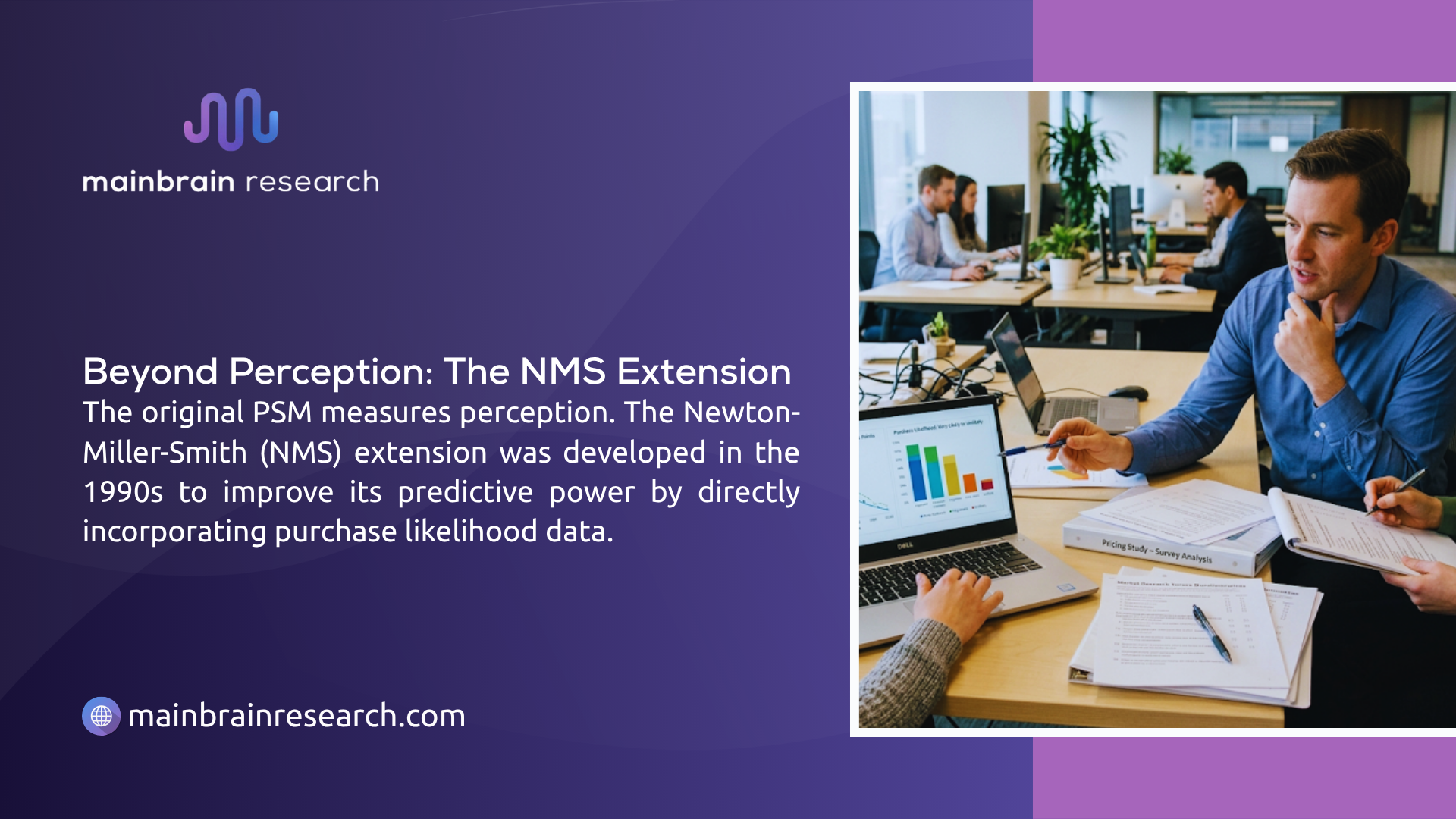 Researcher analyzing purchase likelihood bar charts with pricing study documents — beyond perception the NMS extension improving PSM predictive power.