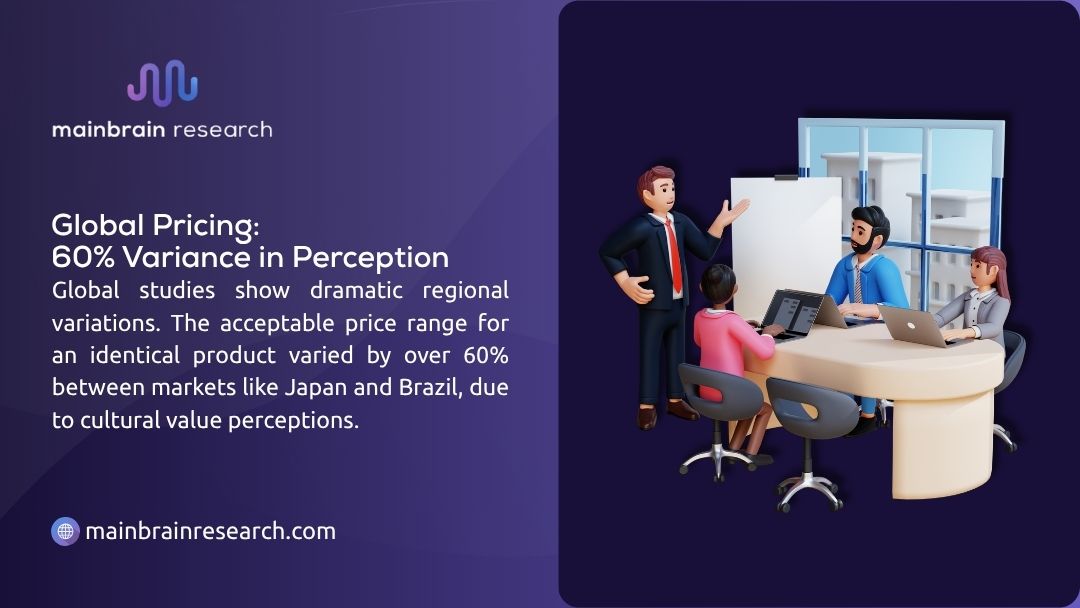 Slide showing 60% variance in global pricing perception for identical products between markets like Japan and Brazil due to cultural values. Illustrated with business meeting.
