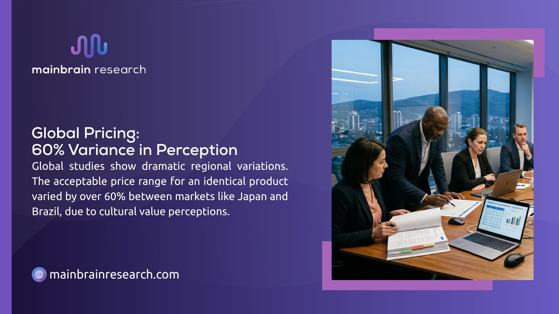 Diverse business team reviewing international pricing data on laptop — global pricing with 60% variance in perception across markets like Japan and Brazil.