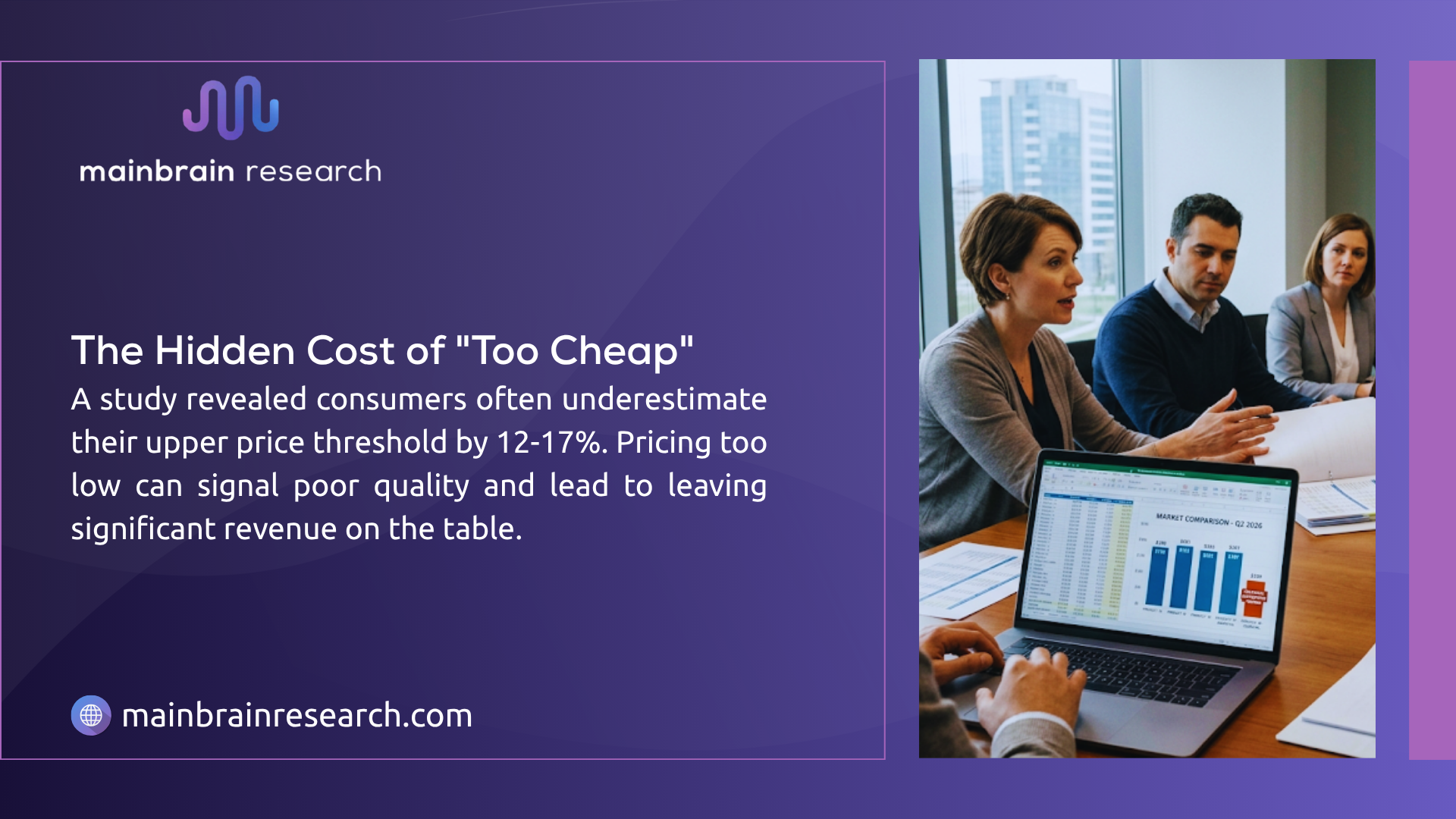 Business team reviewing market comparison pricing charts in boardroom — the hidden cost of too cheap and how underpricing signals poor quality to consumers.