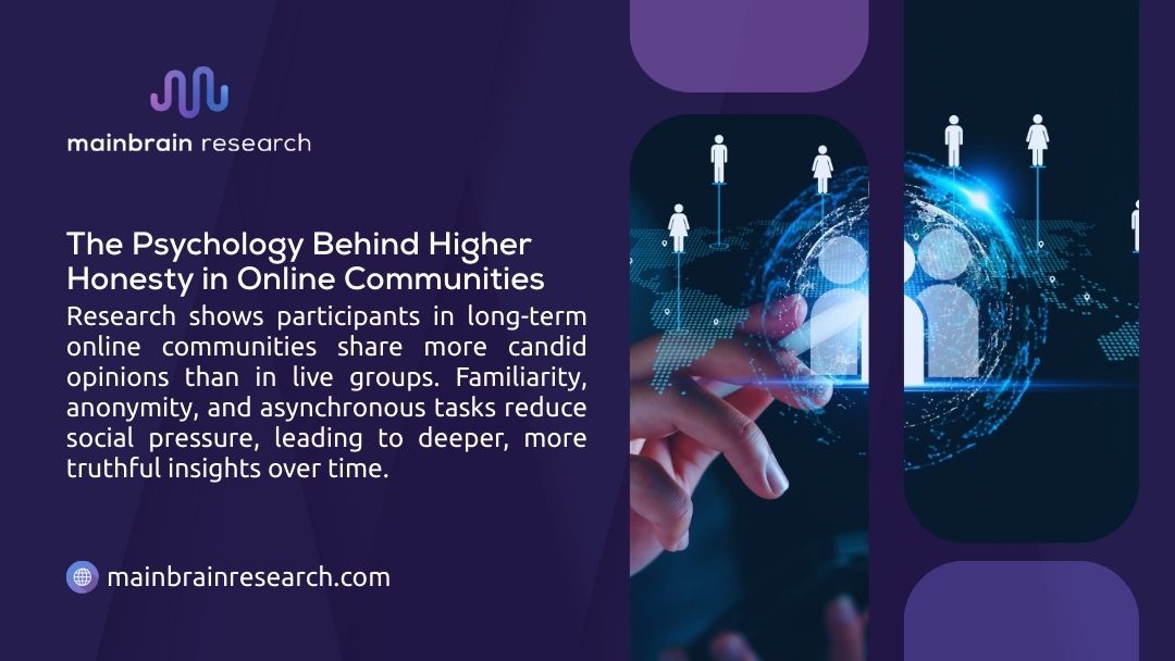 Infographic on psychology of higher honesty in online communities: long-term participants share more candid opinions due to familiarity, anonymity, and reduced social pressure. Features digital icons and hand touching screen.